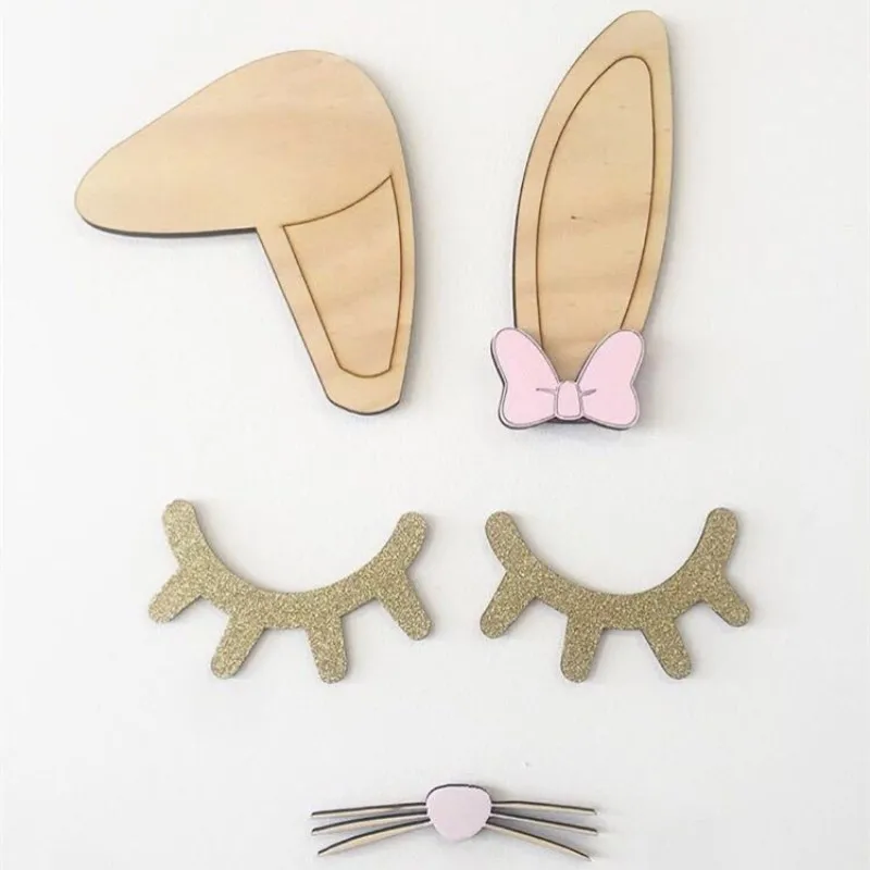 

INS Nordic Rabbit Ear Bow Beard Wooden Wall Sticker For Kids Room Decoration Ornaments DIY Wood Crafts Nursery Decor Photo Props