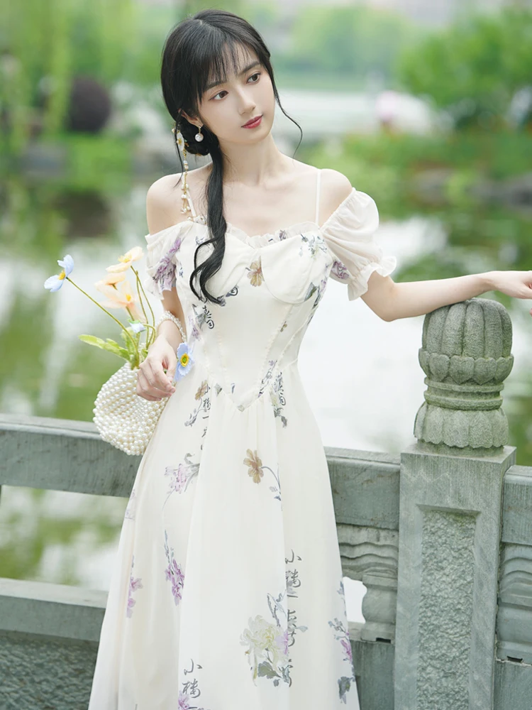 

Женское платье в стиле ретро, длинное летнее платье с китайским принтом, Пляжное Платье на бретелях в богемном стиле для путешествий