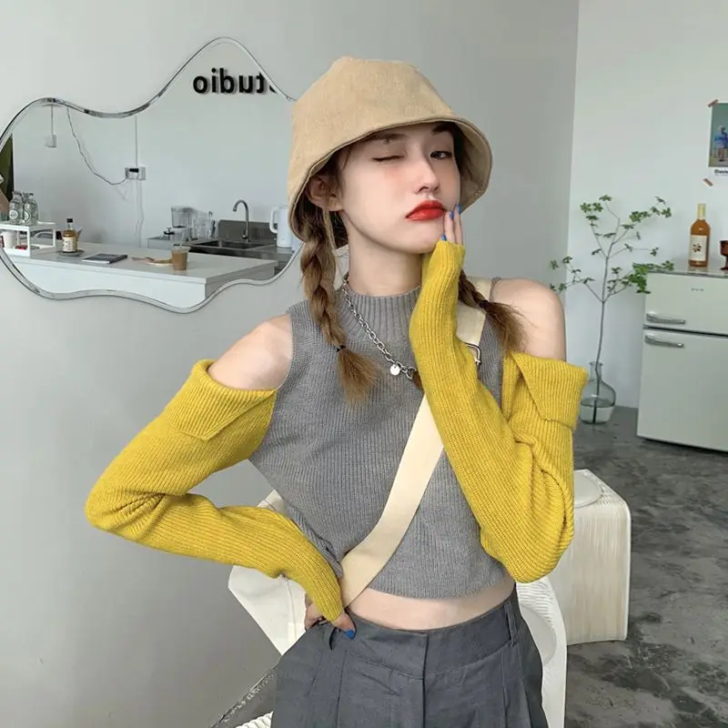 

Knitted Slim Women Short Length Sweaters Korean Off Shoulder Contrast Color Long Sleeve Tshirts Crop Tops High Waist Sexy Y2k