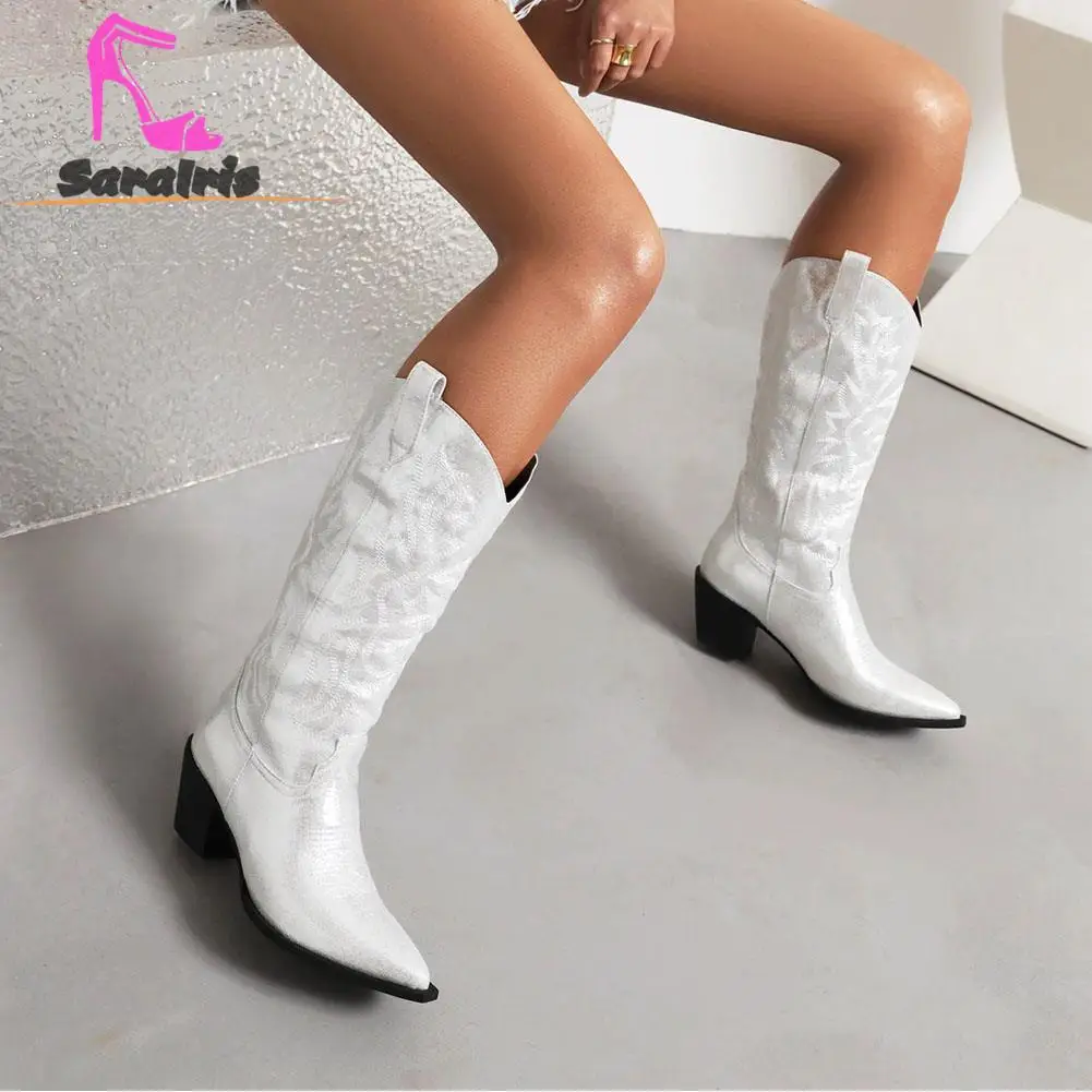 Western Boots For Women 2023 Shiny Pink Zip Embroidery Cowboy Boots Autumn Winter Cowgirl Mid Calf Boots Great Quality Boots