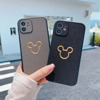 disney mickey mouse luxury metal logo pu leather phone case for iphone 11 12 13 pro max x xs xr 7 8 plus shockproof cover