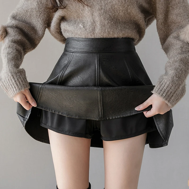 Винтажная уличная мини-черная юбка женская зимняя кожаная плиссированная