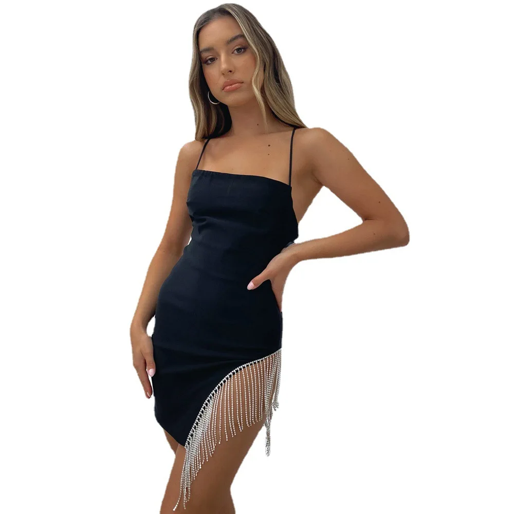 

Fringed Solid Color Summer Sling Off Shoulder Diamond Slim Fit Sexy Hip Lift Dress