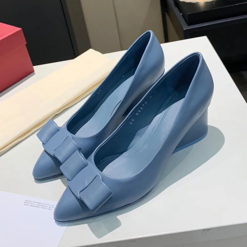 

Genuine Leather High Quality Brand Fashion Office Shoes Slope heel Stiletto Party Shoes Pointed Toe Female Comfort Women Heels
