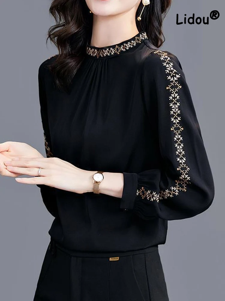 

Elegance Office Embroidered Topstitching Decorate Long Sleeve Women Top New Classic High Quality Fashion Temperament Shirt 2022