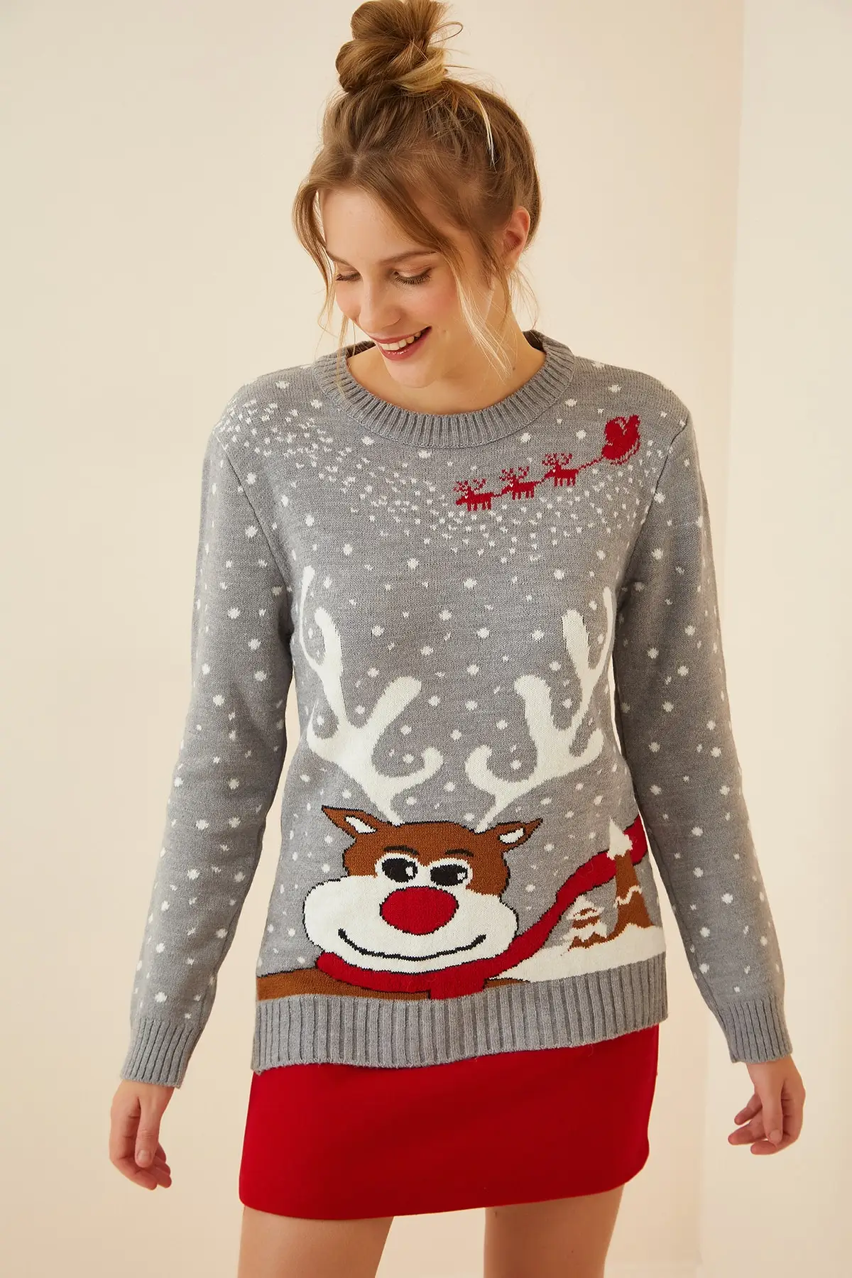 

Women's Gray Pattern Christmas Sweater Long Sleeve Soft Casual Stylish Casual