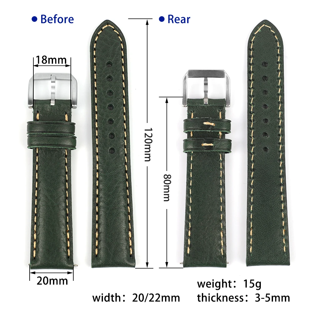 Lychee Pattern Italian Genuine Leather Watch Strap 20mm 22mm Handmade Vintage Watch Bands Brown Green Watch Replacement for Men