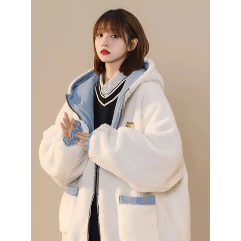 

2022 New Winter Couple South Korea Lovely Loose Double Sided Wearable Lamb Fleece Thickened Warm Cotton Jacket Fashion Versatile