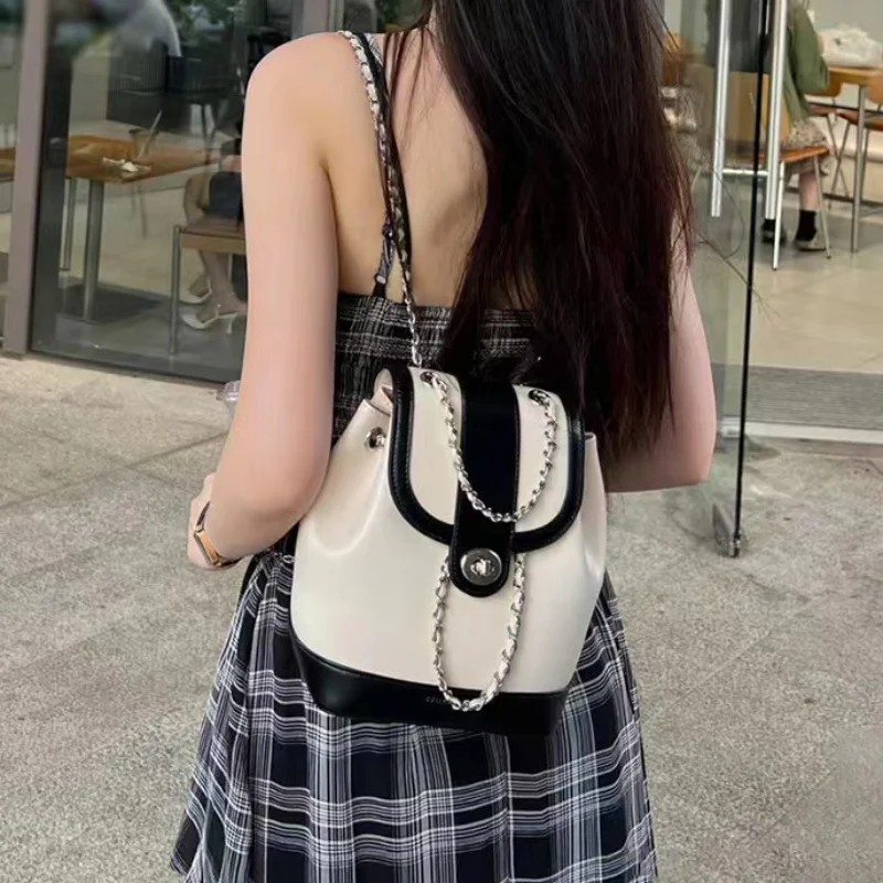 

Модный рюкзак на цепочке в Корейском стиле, летняя винтажная вместительная сумка через плечо из искусственной кожи, роскошные дизайнерские сумки-ведра
