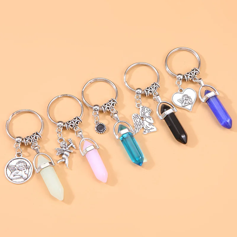 

New Design Women Geometric Angel Crystal Pendant Keychain Rough Stone Hexagonal Column Keychain Accessories