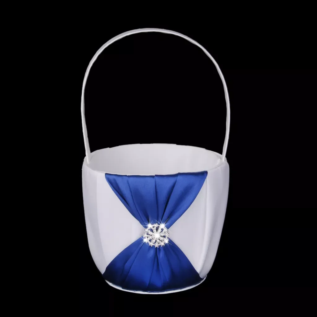

2022JmtWhite Wedding Flower Girl Basket With Royal Blue Satin Diamante Bowknot Flower Pots