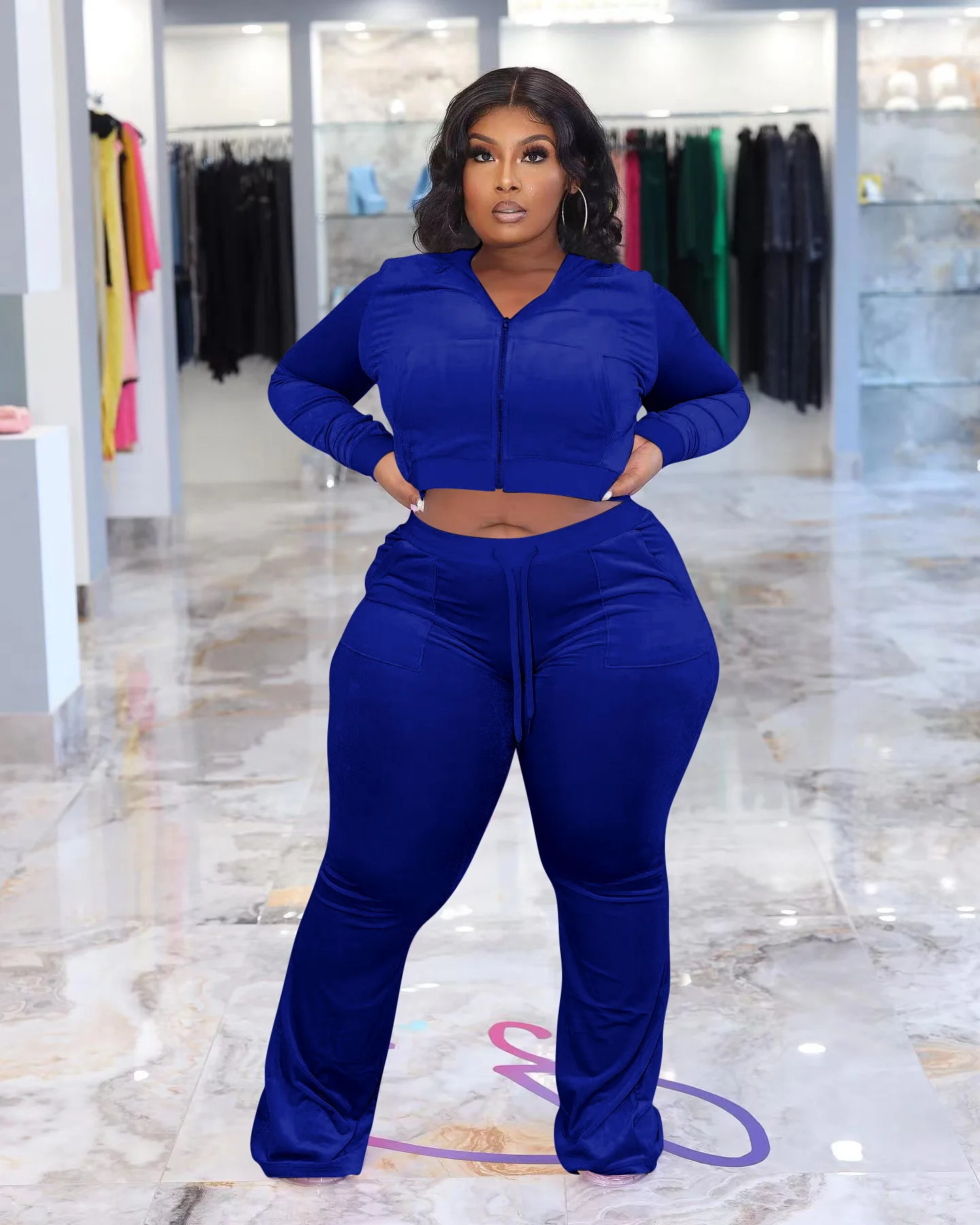 

Женский однотонный спортивный костюм, повседневный бархатный костюм из двух предметов, куртка с капюшоном на молнии и брюки, осень 2023