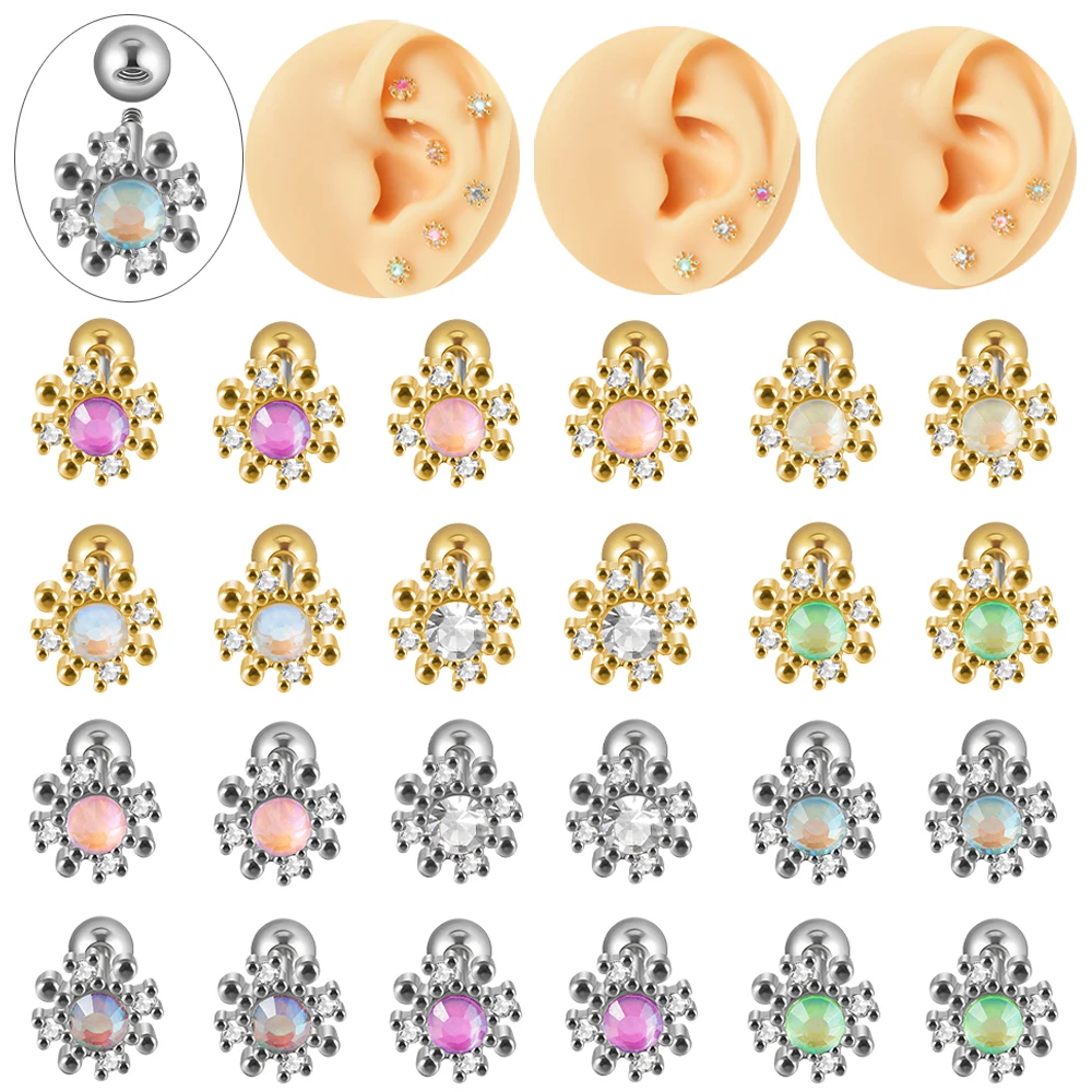 

1Pair Surgical Steel AB Zircon Flower Ear Barbell Helix Piercing Cartilage Ear Lobe Tragus Stud Earring Body Piercing Jewelry
