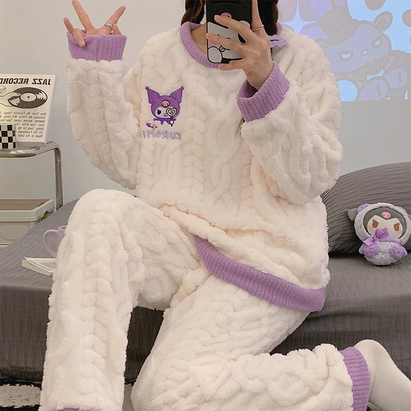 

Kawaii Sanrio Pajamas Autumn Winter Kuromi Thickened Flannel Cartoon Round Neck Long Sleeved Suit Leisure Toys Girls Gifts