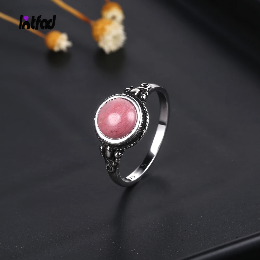 

Retro Natural Round 8MM Rhodochrosite Tiger Eye Ring for Women 925 Sterling Silver Party Jewelry Ring Engagement Wedding Gift