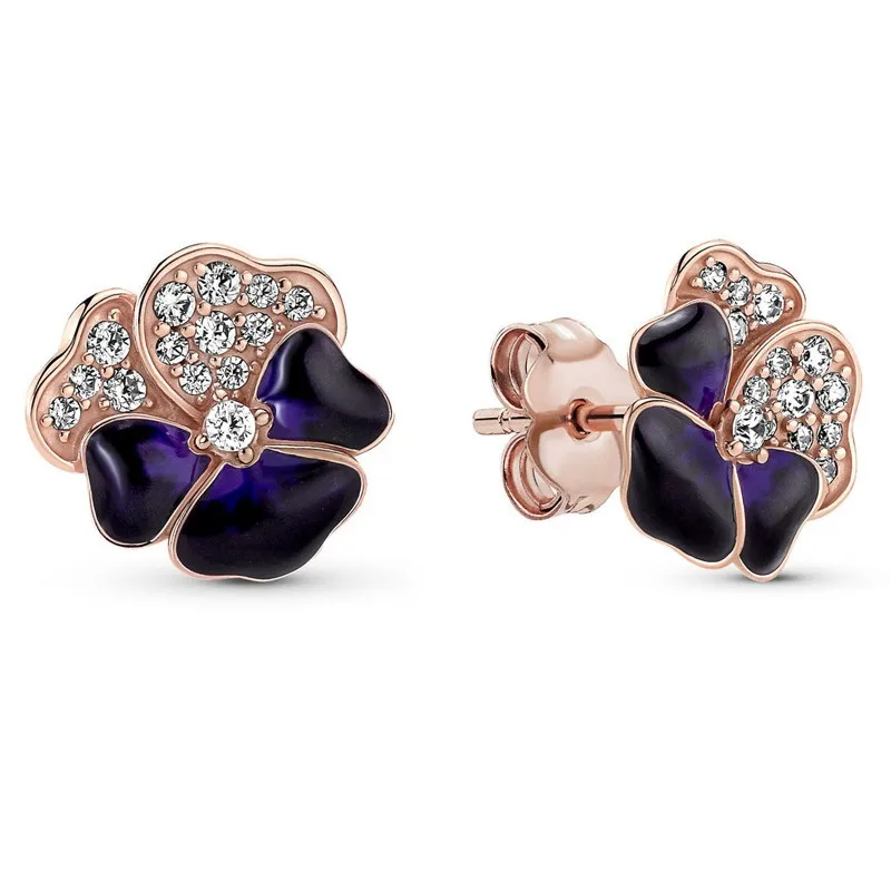 

Authentic 925 Sterling Silver Deep Purple Pansy Flower With Crystal Stud Earrings For Women Wedding Gift Fashion Jewelry