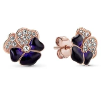 authentic 925 sterling silver deep purple pansy flower with crystal stud earrings for women wedding gift pandora jewelry