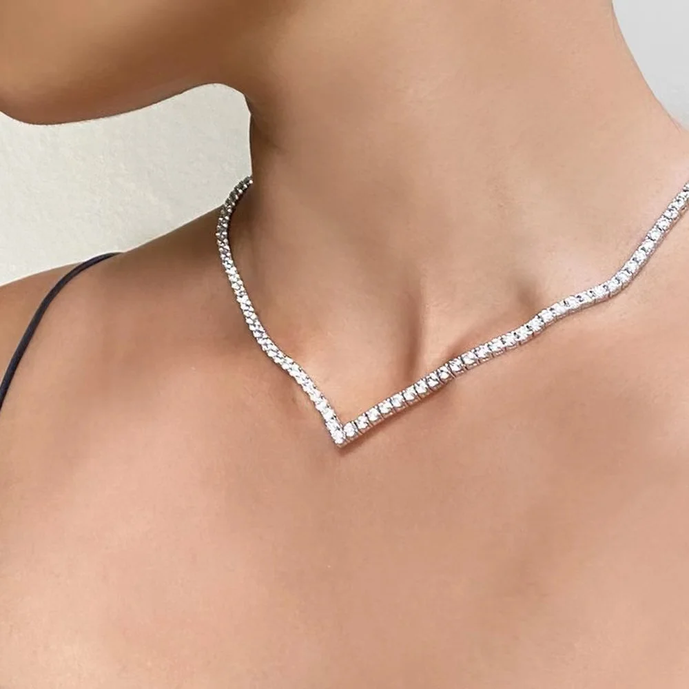 

Classic V Shape Rhinestone Neckalce Choker Wedding for Women Statement Tennis Chain Necklace Prom Party Jewelry Accessories