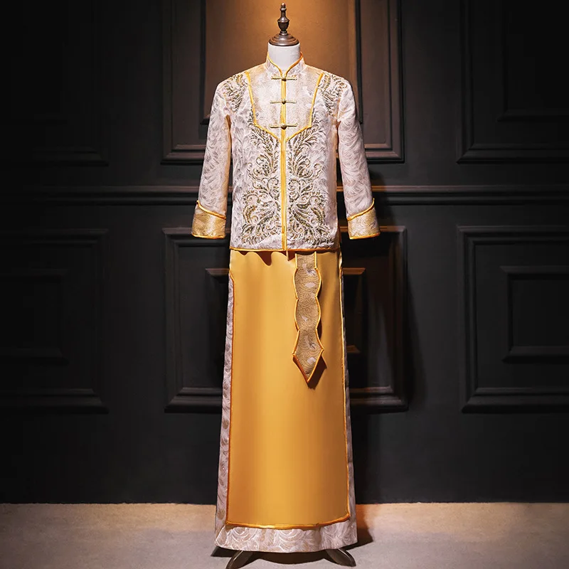 Men Champagne Sequins Embroidery Costumes Traditional Chinese Style Stand Collar Long Sleeve Bridegroom Wedding Clothing