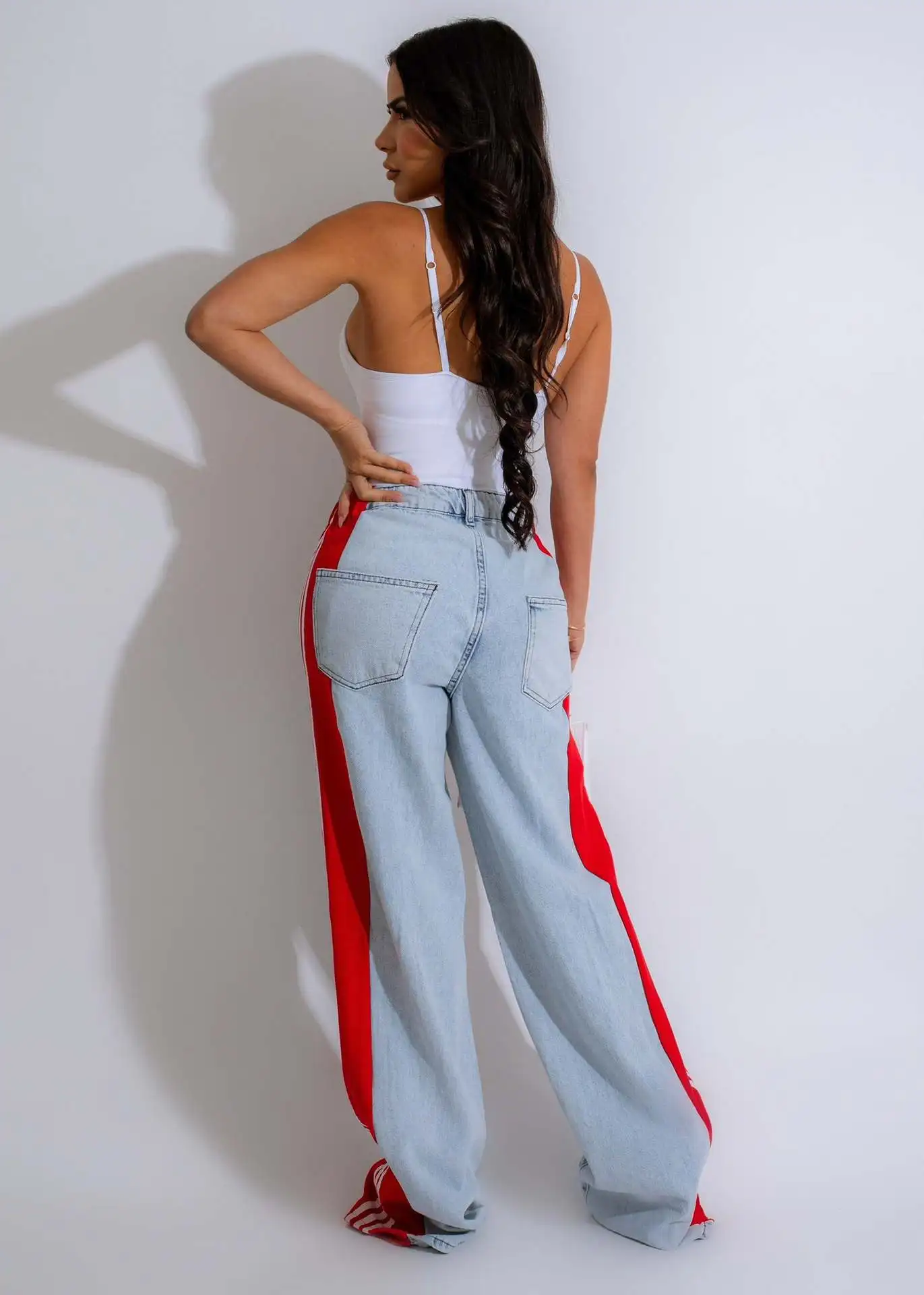 Damskie spodnie jeansowe Summer Fashion Side Patchwork Striped Wide Leg Jeans Lady Casual High Waist Elastic Denim Straight Pants