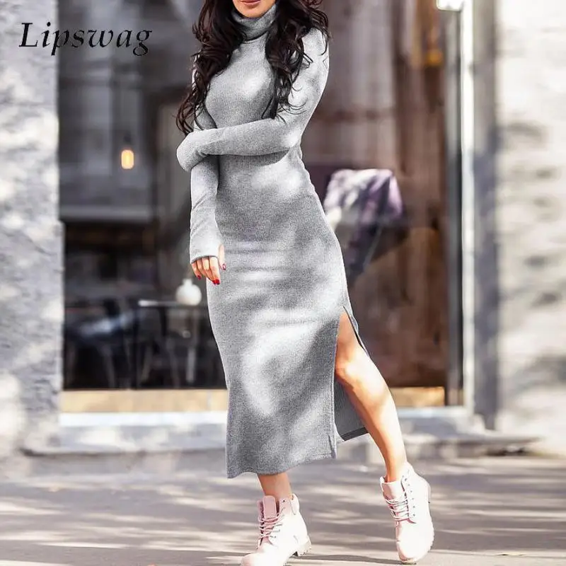 

Женское трикотажное платье-свитер, повседневное однотонное облегающее платье с длинным рукавом и высоким воротником, с разрезом, осень 2022