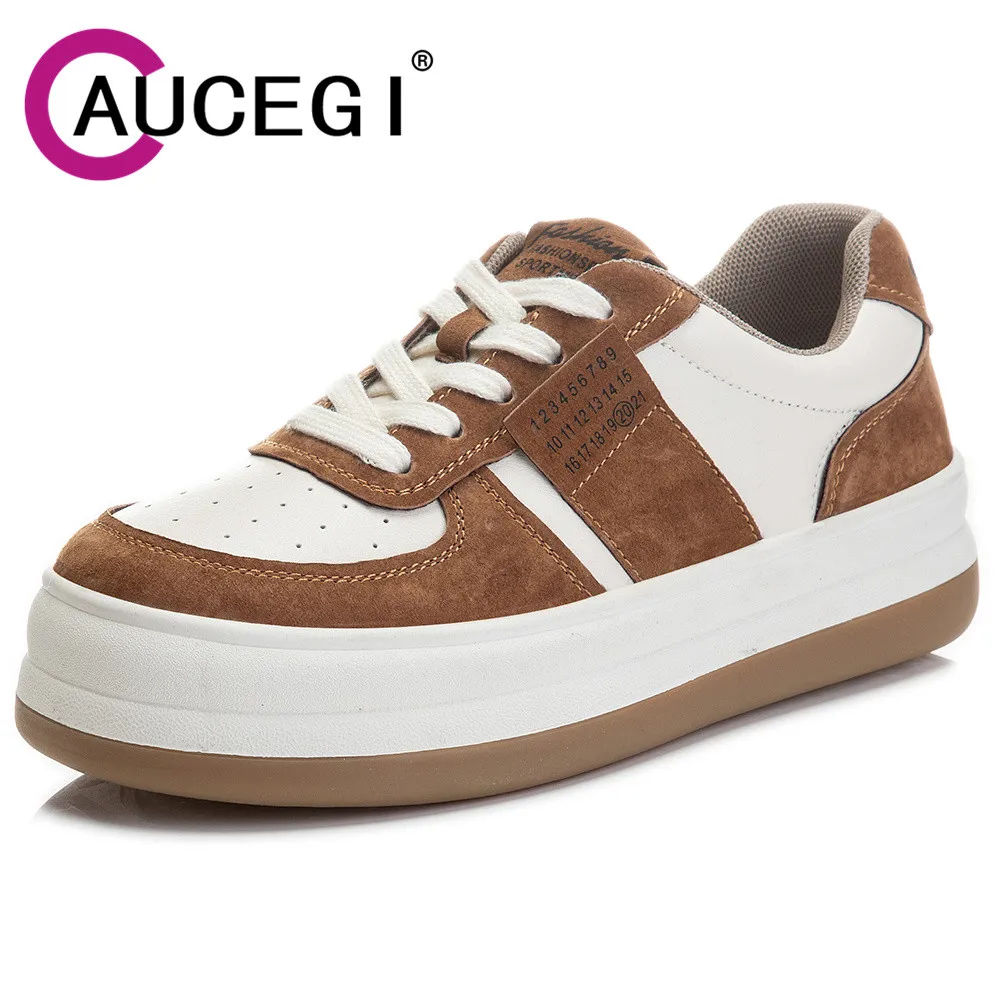 

Aucegi New Brand Sneakers Women Breathable Design Casual Flats Platform Fashion Round Toe Lace Up Mixed Color Wild Shoes Brown
