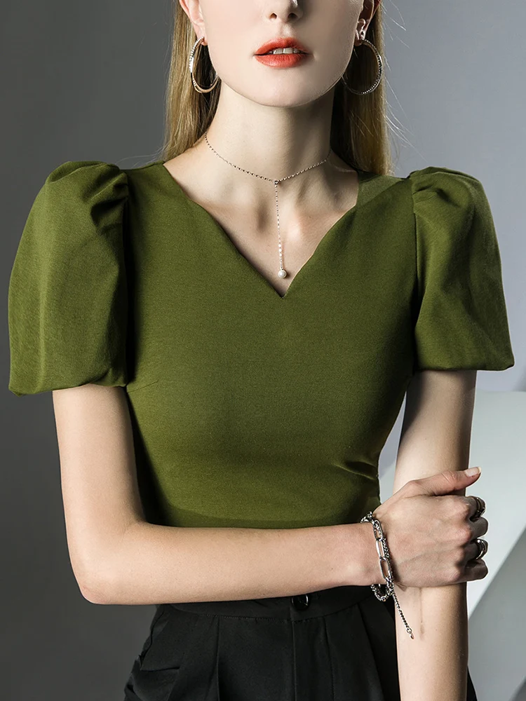 

Women's Short-sleeved T-shirt Summer New French Bubble Sleeve V-neck Cotton Tops Office Work Basic Paragraph Clothing Goth
