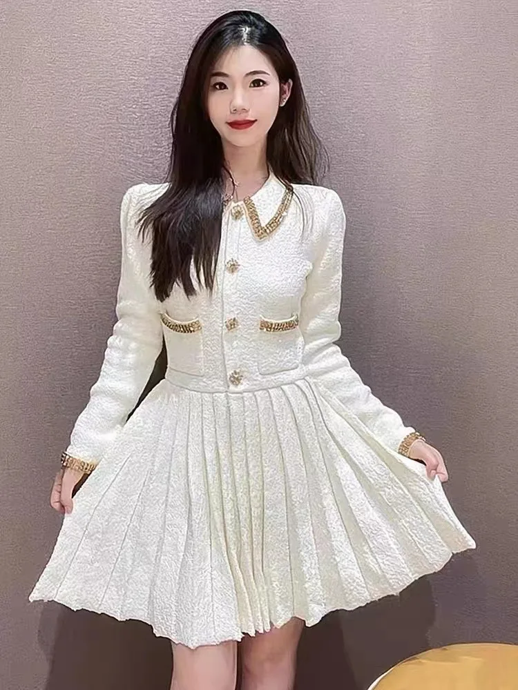 

Women Mini Dress Long Sleeve Pleated Sequin Hand Made Chain Sweet Robe