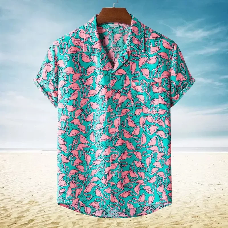 

2022 Summer New Short Sleeve Beach Shirts Mens Holiday Party Vacation Clothing Stylish Flamingo Print Hawaiian Aloha Shirt Men