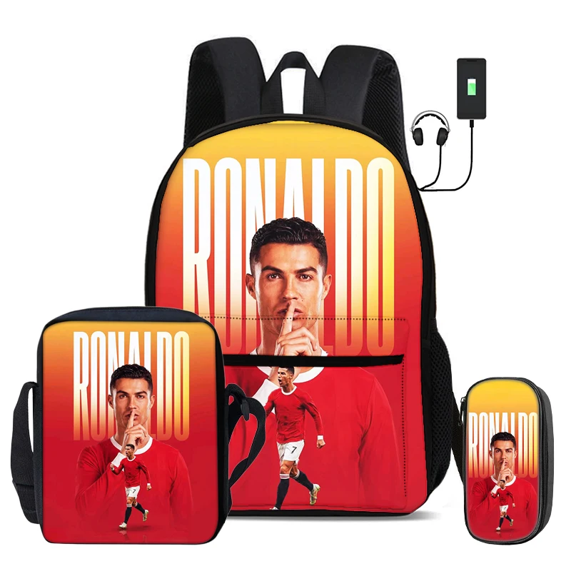 Фото Набор школьных сумок Ronaldo из 3 предметов: рюкзак с USB-интерфейсом, сумка через плечо CR Football Star, спортивная сумка для карандашей, детский рюкзак №1