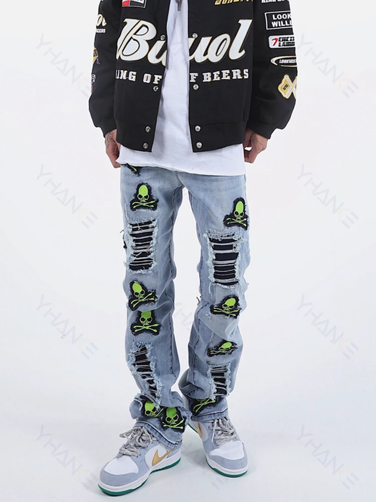 

American -style High Street Retro Trend Skeleton Embroidery Y2k Men's Jeans Men Slim Straight Jeans Street Clothing Ripped Jeans