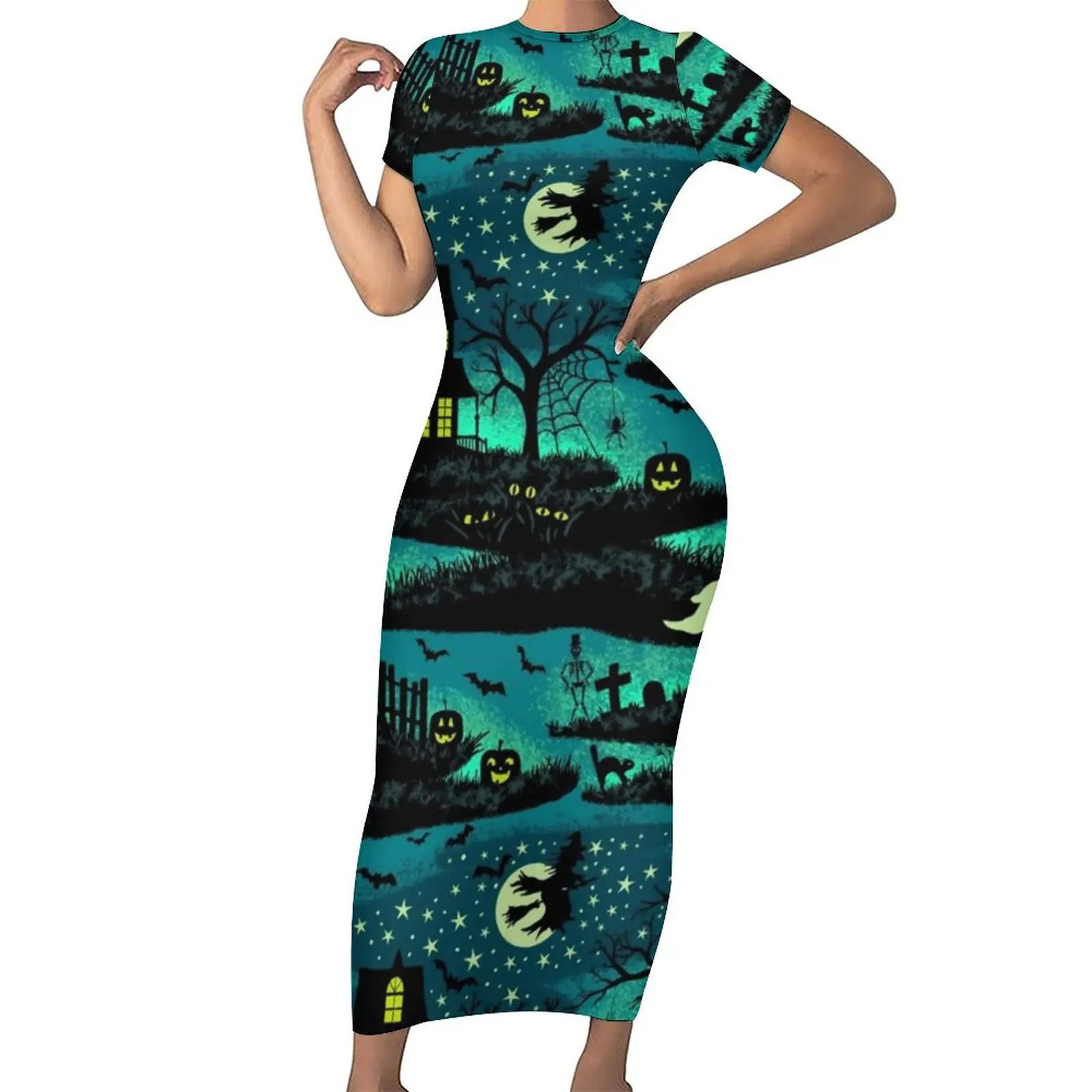 

Magical Halloween Night Dress Short Sleeve Black Bats Print Streetwear Maxi Dresses Modern Bodycon Dress Design Oversize Vestido