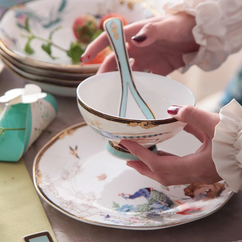 Креативные керамические тарелки ручная роспись декор павлина обеденный набор