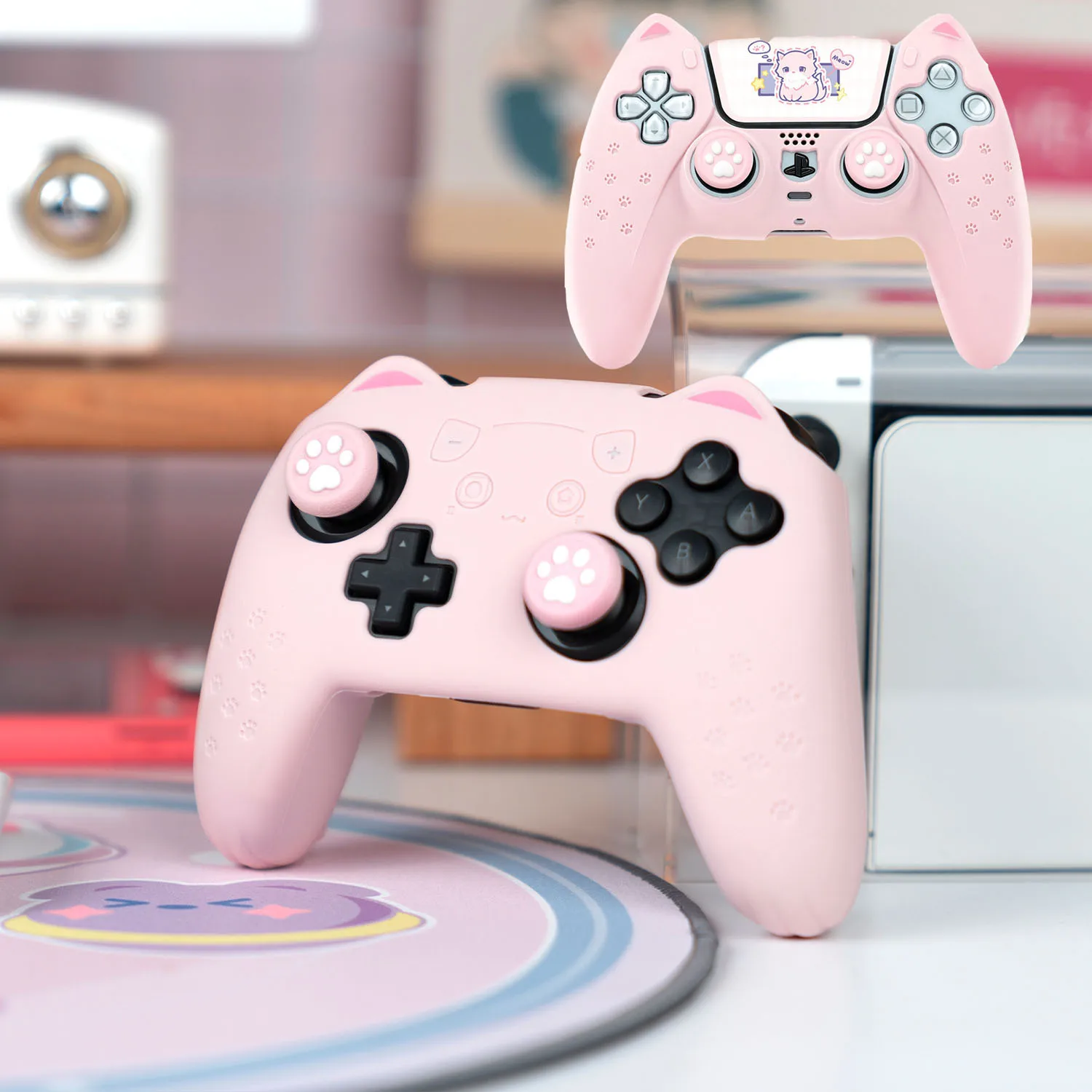 

Cat Paw Pink Silicone Soft Cover Sticker Skin For Nintendo Switch Pro Sony Dualsense 5 PS5 Controller Case Thumb Stick Grip Cap