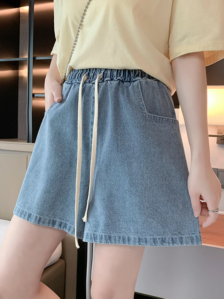 New Spring Summer Women Elastic Waist Loose Blue Denim Shorts Casual Female Wide Leg Lace Up Jeans Shorts Bottoms