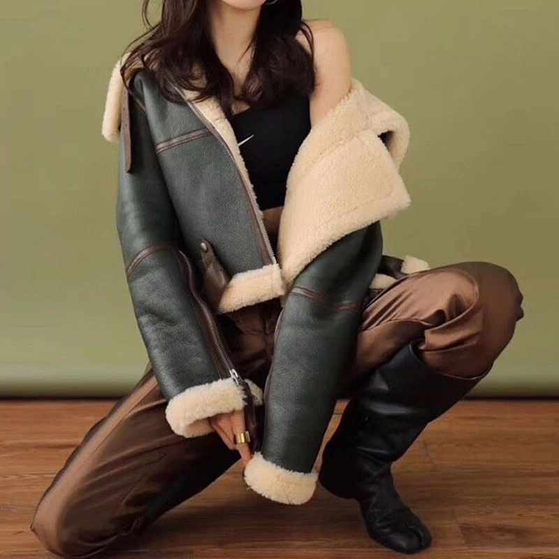 Ardm Casual Winter Thick Vintage Faux Leather Green Jacket Zipper Warm Splice Lambswool Biker Coat Women Female Crop Outerwear