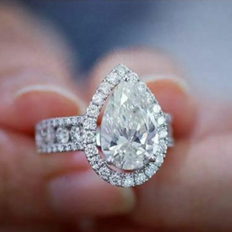 

Fashion Ladies Full Bling Iced Water Drop Shaped Ring with Crystal Rhinestone Zircon for Women Wedding Engagement Party Jewelry