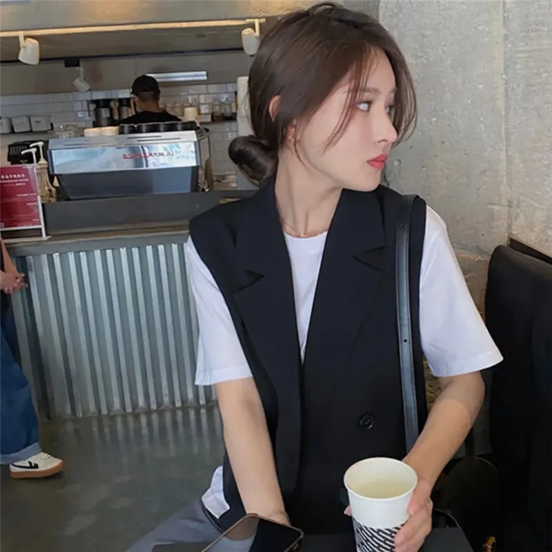 Женский костюм-жилет на пуговицах Черный Повседневный короткий свободный пиджак