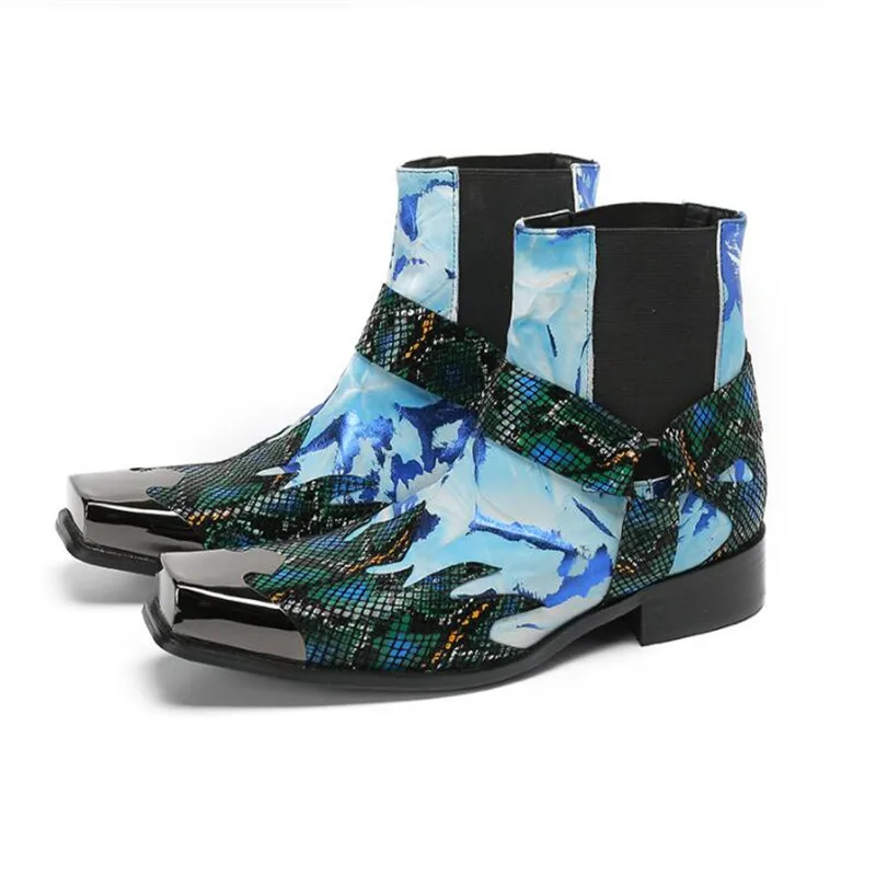 

Мужские ботильоны для сцены, металлические ботинки с квадратным носком из натуральной кожи в западном стиле, мотоциклетные ботинки в британском стиле, боковая молния, новая обувь