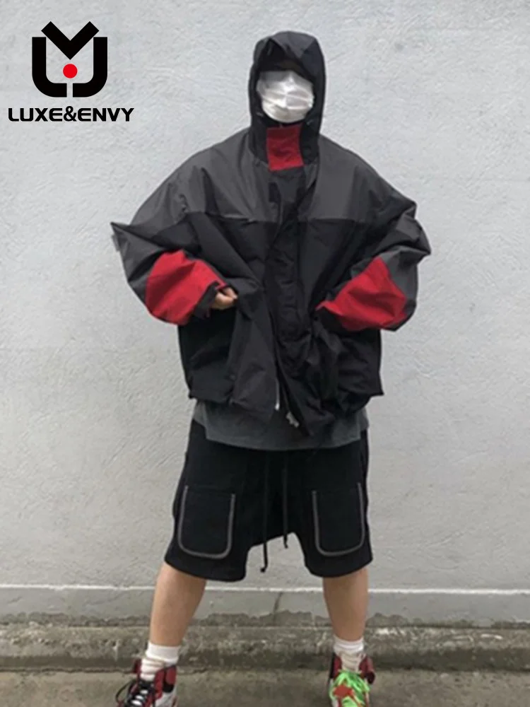 

LUXE&ENVY Men's Color Combination Windproof Waterproof Loose Hardshell Jacket Hooded Casual Coat Spring Autumn 2023 New