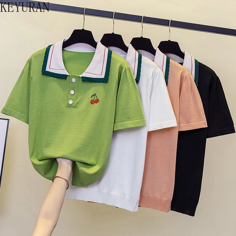 

Plus Size Summer Knitted Sweater T-Shirt Women 2022 New Short Sleeve Turn-down Collar Embroidery Ice Silk Knitwear Top Woman Tee