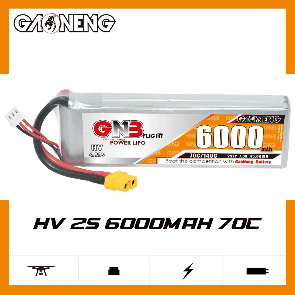 

Gaoneng GNB 2S1P 6000mAh 7.6V 70C/140C HV LiPo Battery Pack With XT60 EC5 Plug For FPV Drone RC Helicopter Airplane Car Boat
