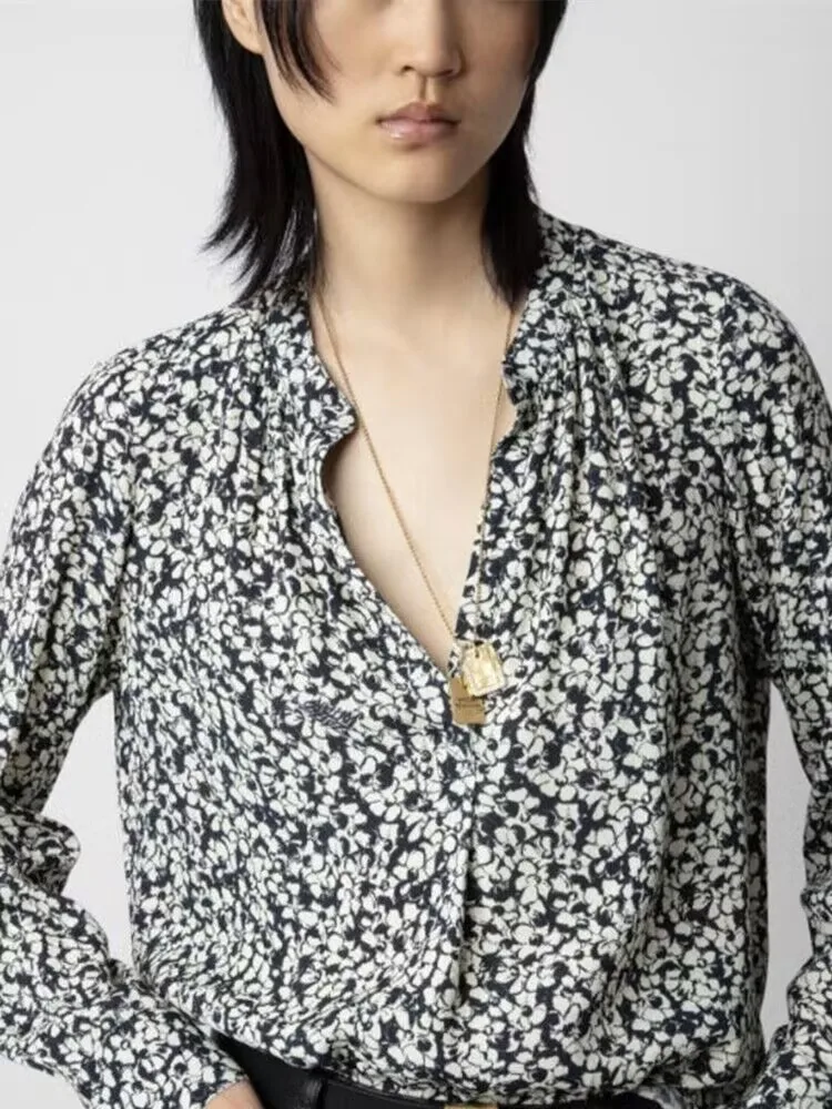 

Asymmetric Hem Women's Floral Printed Shirt Long Sleeve Retro Letters V-Neck Female Loose Blouse 2023 Autumn New