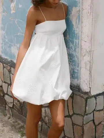 New Women's Straight Neck Bow Adjustable Hollow out Embroidery Decorative Belt Lining Fluffy Skirt Loose Hanging Strap Dress