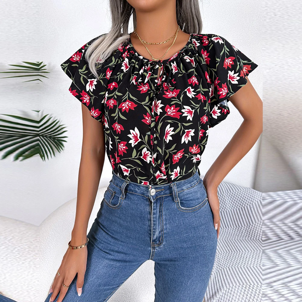 

FICUSRONG Women's Spring Summer Casual Loose Ruffle Lace Up Chiffon Top For Ladies O Neck Flying Sleeve Floral Blouses