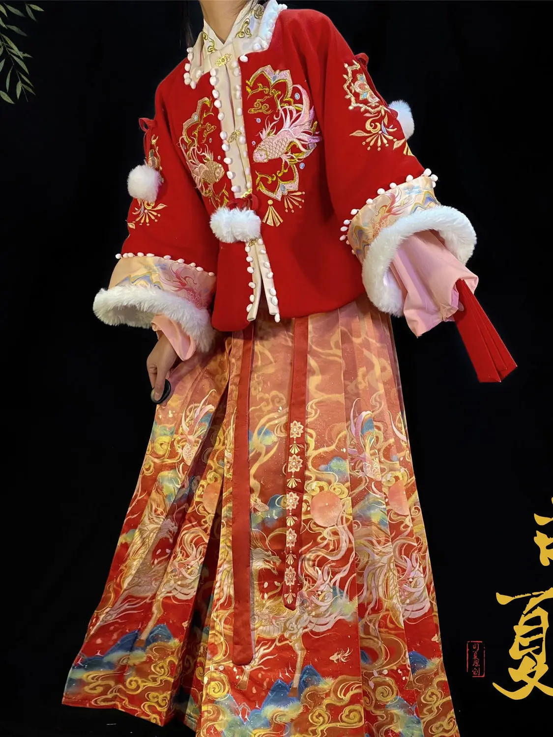

Стильная женская плюшевая и плотная юбка Минг Hanfu с вышивкой в виде лошади, женская одежда нового года