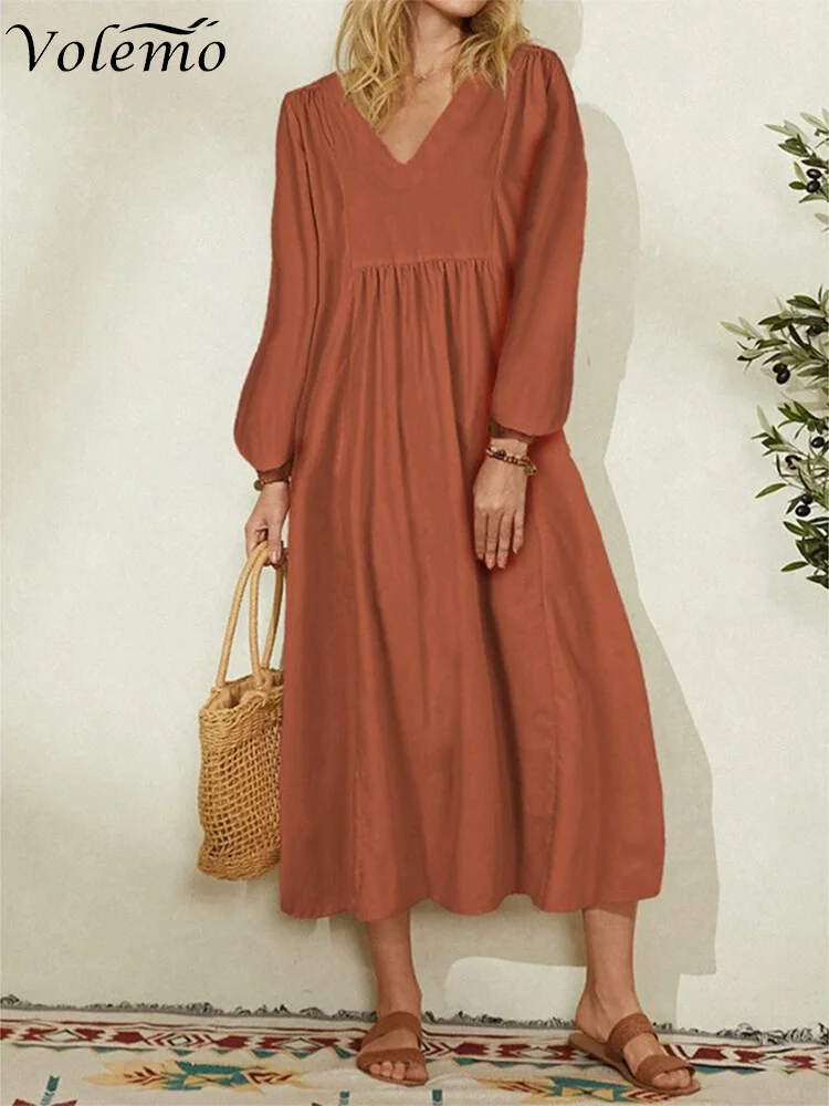 

Volemo Plus Size Women's Summer Solid Color Maxi Dress Women's V-neck Cotton Linen Loose Lantern Sleeve Dress Leisure Vacation