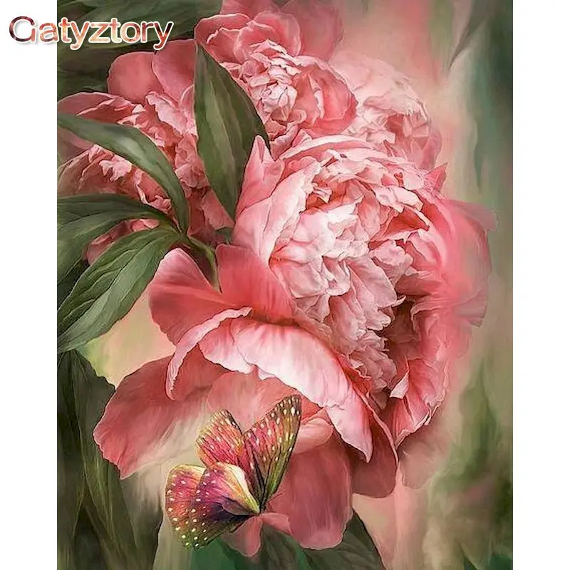

GATYZTORY 60x75cm Painting By Numbers Handpainted Canvas Painting Pink Flowers DIY Paint By Numbers Artwork Home Decor