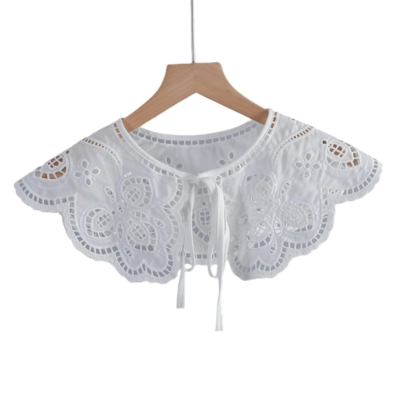 

L5YA Hollow Embroidered Sequins Leaves False Collar Chinese Style White Shawl Scarf