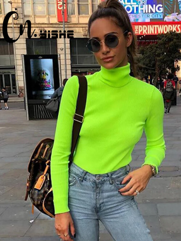 

CNYISHE 2020 Neon Green T-shirt Women Regular Tee Tops Long Sleeve Turtleneck Sexy Women Streetwear Shirts Blusas Female Outwear